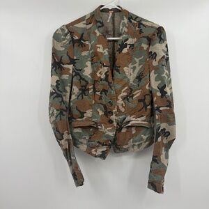 Free People Blazer Women 0 Green Camouflage Fitted Jacket Buttons Army Knit